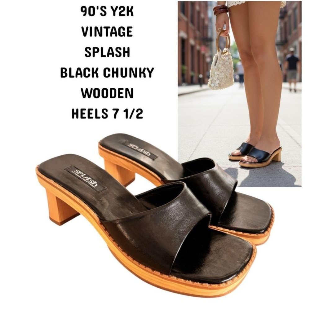 Rare vintage Splash Fashion‎ Footwear chunky wooden mule sandals 7.5